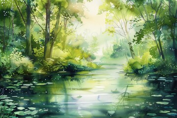 A painting of a forest with a river running through it. The painting is full of green trees and the water is calm. The mood of the painting is peaceful and serene