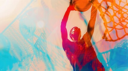 Basketball player making a jump shot close up, focus on, copy space Vivid and triumphant colors Double exposure silhouette with net