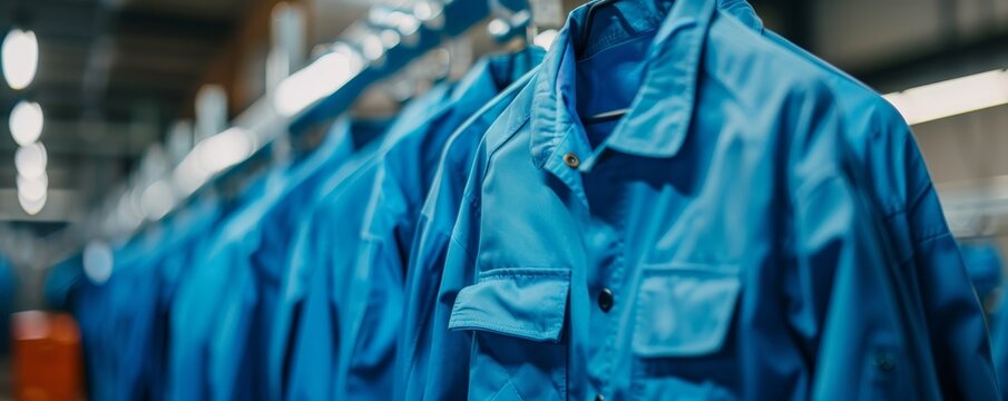 Blue coveralls hanging on a clothing rack