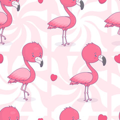Seamless pattern with cute  pink flamingo