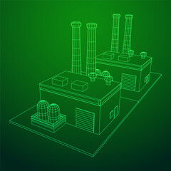 Industrial factory. Plant or Factory Building. Manufacturing building. Wireframe low poly mesh vector illustration.
