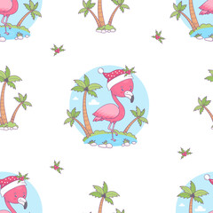 Seamless pattern with Christmas pink flamingo in Santa hat with palm trees