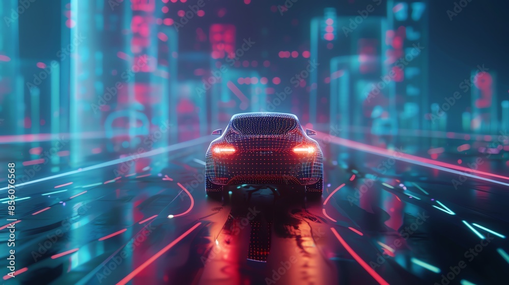 Wall mural A futuristic car drives through a neon-lit cityscape at night, showcasing advanced technology and sleek design in a cyberpunk setting.