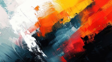 Abstract art with bold strokes of white, orange, red, yellow, and blue paint.
