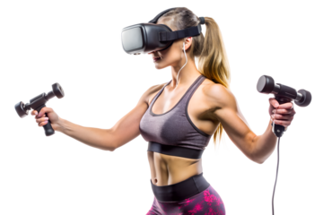 Young woman engages in a virtual reality 
fitness activity using a VR headset and 
controllers in a digital studio setting 
isolated on white background