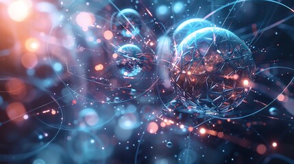 Abstract digital background with blue and orange glowing spheres and interconnected lines representing technology and communication.