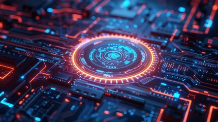 Fototapeta premium Futuristic computer chip with central glowing lights. generative AI image