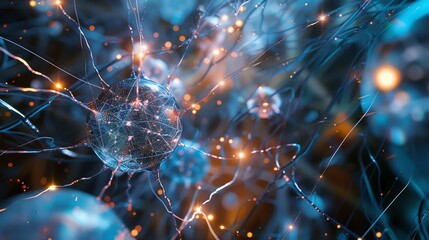Abstract neural network with glowing neurons and intricate connections, representing artificial intelligence and advanced technology.