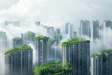 Obraz premium Aerial view of modern skyscrapers with green rooftop gardens surrounded by clouds, showcasing urban sustainability and eco-friendly architecture.