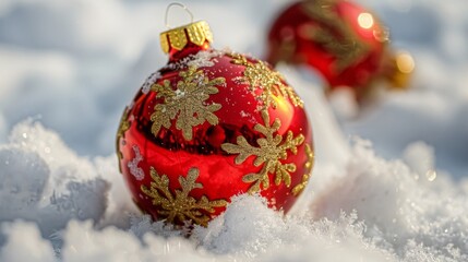 Red Christmas Ornament in Snow, Generative AI