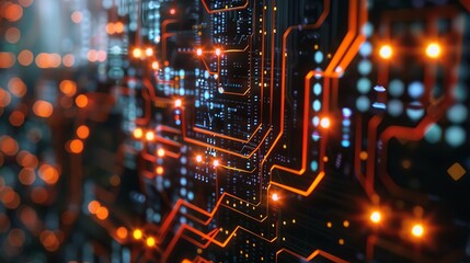 Fototapeta premium Close-up of a futuristic circuit board with glowing orange lines and digital patterns, representing technology and innovation.