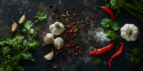 Knoblauch, Koriander und Pfeffer auf einer Schieferplatte von oben fotografiert. Werbebanner Tafel Gew&uuml;rze