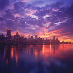Fototapeta premium Serene Evening Cityscape with Twilight Sky and Illuminated Skyline Reflecting on Calm River