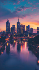 Fototapeta premium Serene Evening Cityscape with Twilight Sky and Illuminated Skyline Reflecting on Calm River