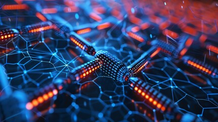 Futuristic digital network with glowing nodes and connections, illustrating advanced technology, data transfer, or blockchain concept.