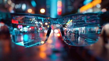 Futuristic eyeglasses with virtual reality interface overlaying night cityscape, showcasing advanced technology and innovation.