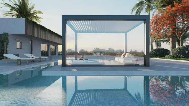 3D render of a bioclimatic pergola on a private outdoor patio. Luxurious villa with Black steel framed pergola and glass blades. Whirlpool and sofa surrounded by swimming pool.Zoom-in shot.