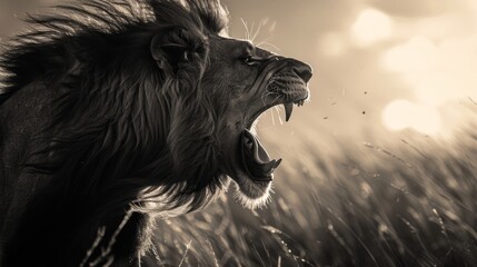 A regal black and white lion, its mane billowing in the savanna breeze, emits a deafening roar as it surveys its kingdom.