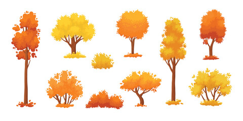 Obraz premium Colorful autumn trees. Cartoon yellow orange fall tree and autumnal garden bush icon with fall season gold leaves for city park and forest landscape background vector isolated symbol set