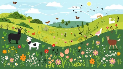 Naklejka premium Animals on green meadow hill, vector illustration