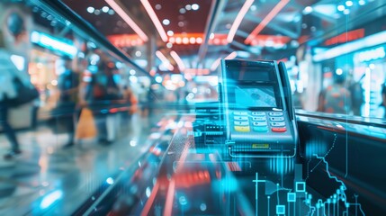 Fototapeta premium Modern digital payment terminal in a vibrant retail mall setting, highlighting technology in commerce and electronic transactions.