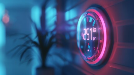 Modern digital wall thermostat with futuristic neon lighting, displaying 25.1 degrees Celsius in a blurry background.