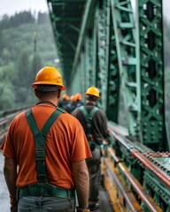 Construction workers in safety gear working on a green metal bridge in a mountainous area, focusing on structural integrity and safety.