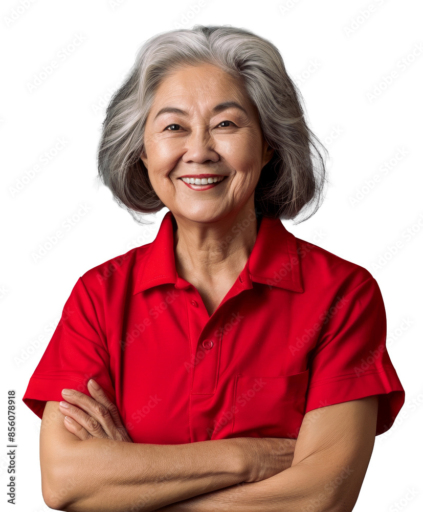 Wall mural An older Asian woman in a red uniform, smiling warmly with arms crossed, on a transparent background.