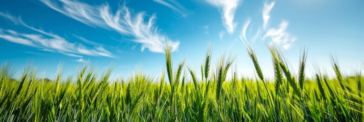 Fototapeta premium green young wheat ear with blue sky in field