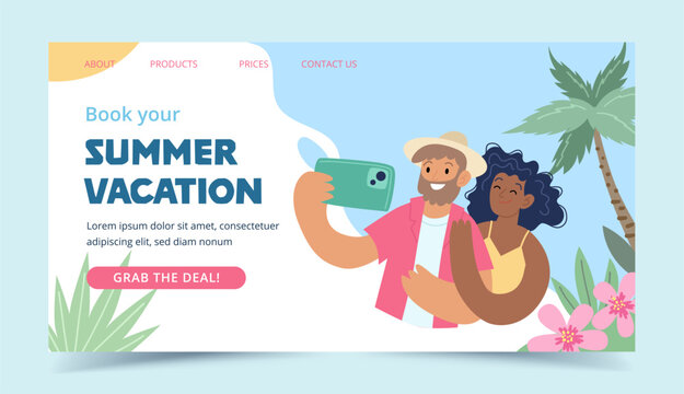 Travel destinations summer landing page. Happy couple taking a selfie with a smartphone. Concept vector illustration