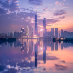Fototapeta premium Serene Evening Cityscape with Twilight Sky and Illuminated Skyline Reflecting on Calm River