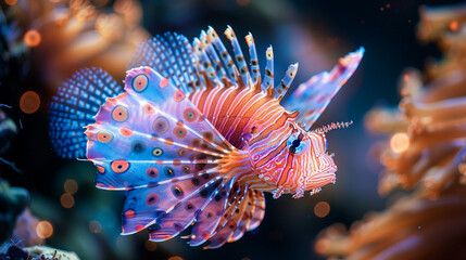 Luminous lionfish: close-up of its shimmering fins