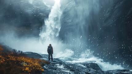 Obraz premium A man is standing on a rocky shoreline next to a waterfall
