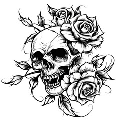 A skull with flowers on it. The skull is black and white