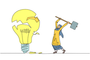 Continuous one line drawing Arab businesswoman preparing to hit big lightbulb. The thrashing anger. Failed to secure a brilliant business idea. Destruction. Single line draw design vector illustration