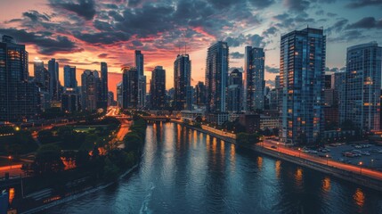 Obraz premium A cityscape featuring high-rise buildings along a river at twilight, with lights starting to twinkle.