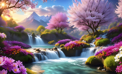 A beautiful paradise land full of flowers, sakura trees, rivers and waterfalls, a blooming and magical idyllic Eden garden
