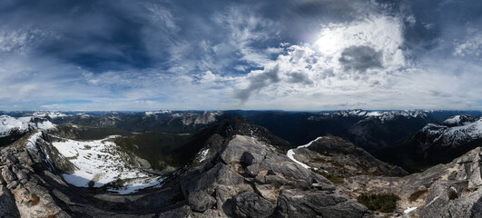 Canadian Mountain Landscape. Sunny Cloudy Sunset. BC, Canada. Nature Background Panorama