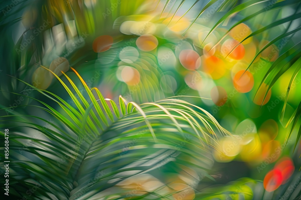 Wall mural Palm Fronds with Blurred Background: Graceful, arching palm fronds swaying gentl