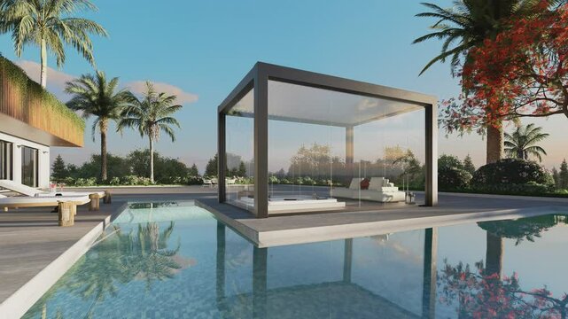 3D render of a bioclimatic pergola on a private outdoor patio. Luxurious villa with Black steel framed pergola and glass blades. Whirlpool and sofa surrounded by swimming pool. Side view Zoom-in shot.