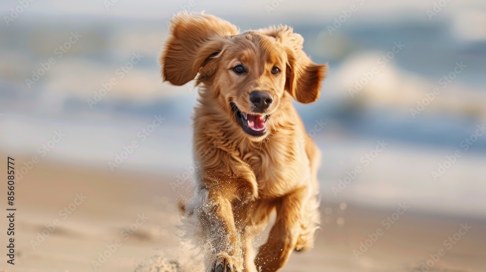 Poster A playful dog running on the beach, ears flapping in the wind and a joyful expression on its face.
