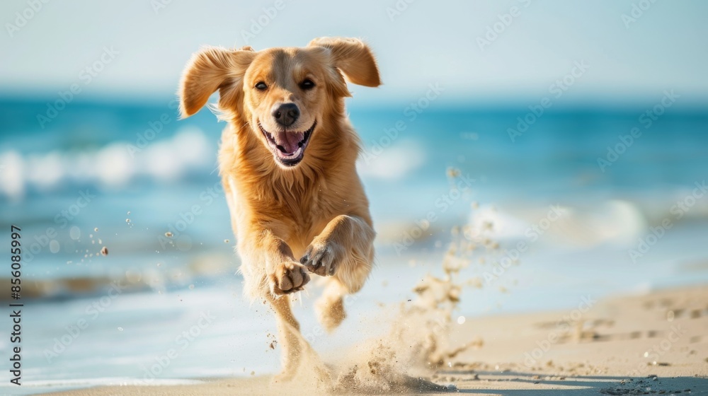 Poster A playful dog running on the beach, ears flapping in the wind and a joyful expression on its face.