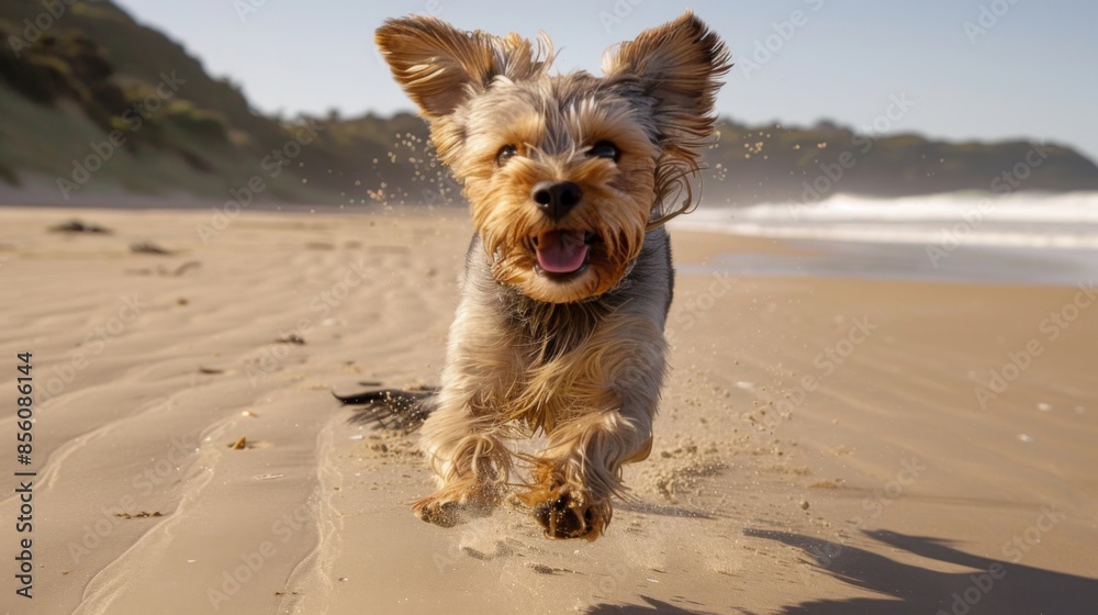 Poster A playful dog running on the beach, ears flapping in the wind and a joyful expression on its face.