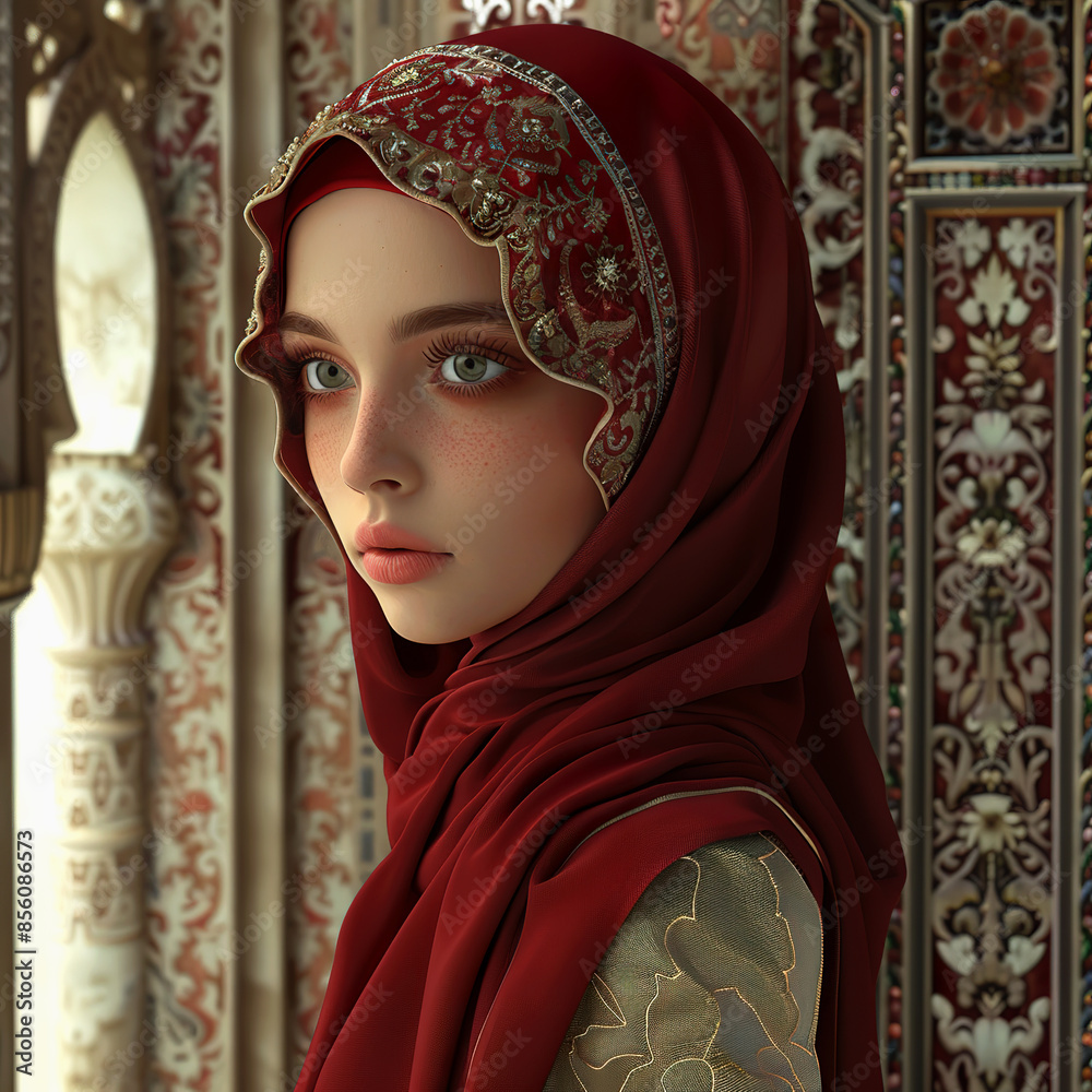 Wall mural beautiful islamic girl wearing red hijab. beautiful muslim woman with hijab