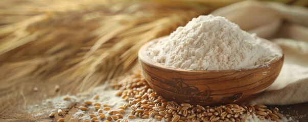 Organic wheat and wheat flour bowl with copy space