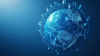People surround a blue earth globe. Cooperation and collaboration. Joining forces to solve global problems. Negotiations. Teamwork. Remote work and outsourcing. Communication technology. Education
