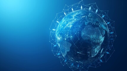 People surround a blue earth globe. Cooperation and collaboration. Joining forces to solve global problems. Negotiations. Teamwork. Remote work and outsourcing. Communication technology. Education