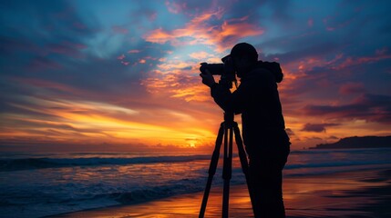 A silhouette of a photographer capturing the sunset on a beach.