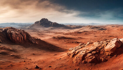Naklejka premium Mars' surface shows a dry, barren landscape with reddish-brown hues, rocky terrain, and dust-filled atmosphere, highlighting the planet's desolate and uninhabitable environment