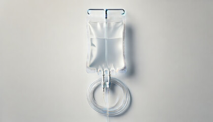 Medical IV drip bag against neutral background